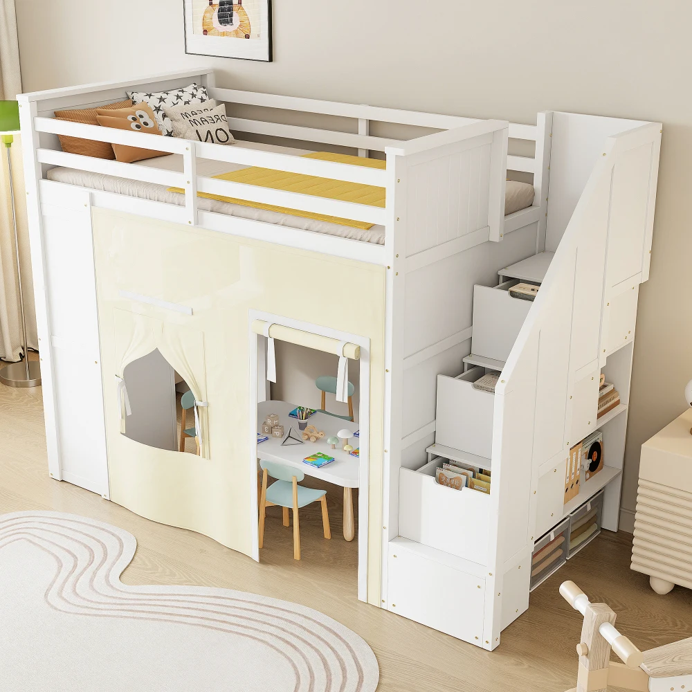 Stylish and Minimalist White Loft Bed with A Desk, Storage Cabinets, Two Built-in Drawers, Storage Stairs, and Curtains. It Boasts Strong Load-bearing Capacity, High Stability, and Is Wear-resistant and Durable.