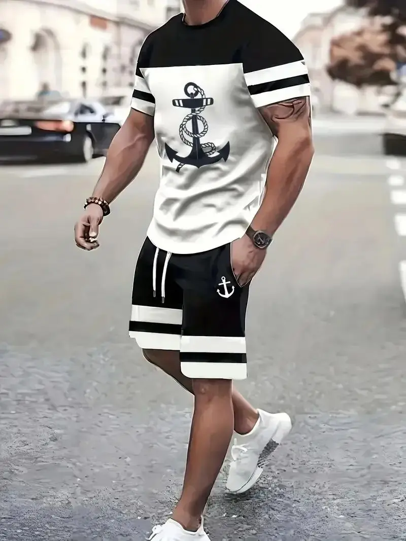 Navy Anchor Pattern Men\'s Set 3D Printed Summer Outdoor Short Sleeved T-shirt+pants Two-piece Casual Sports Plus Size Men\'s Set