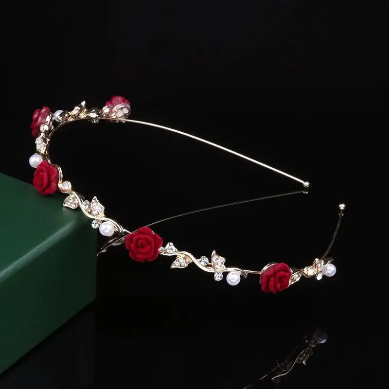 New Romantic Wedding Red Rose Women Hair Hoops Bridals Hairbands Newest Thin Luxury Metal Flower Headbands Headdress Wholesale