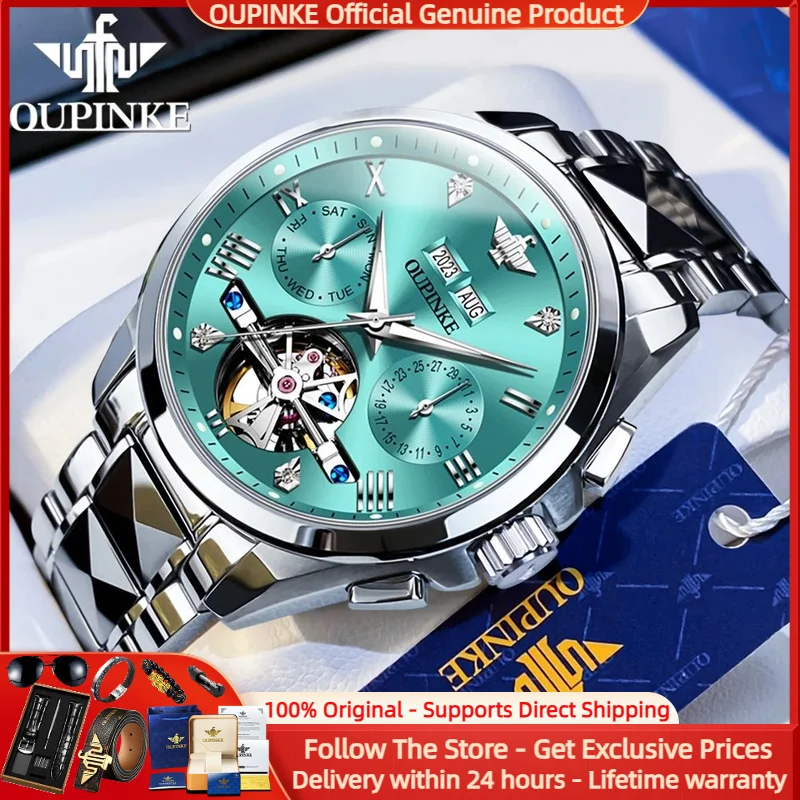 

OUPINKE 3186 Luxury Brand Men Mechanical Watch Flywheel Skeleton Men Brand Watch Roman Scale Automatic Calendar Waterproof Watch