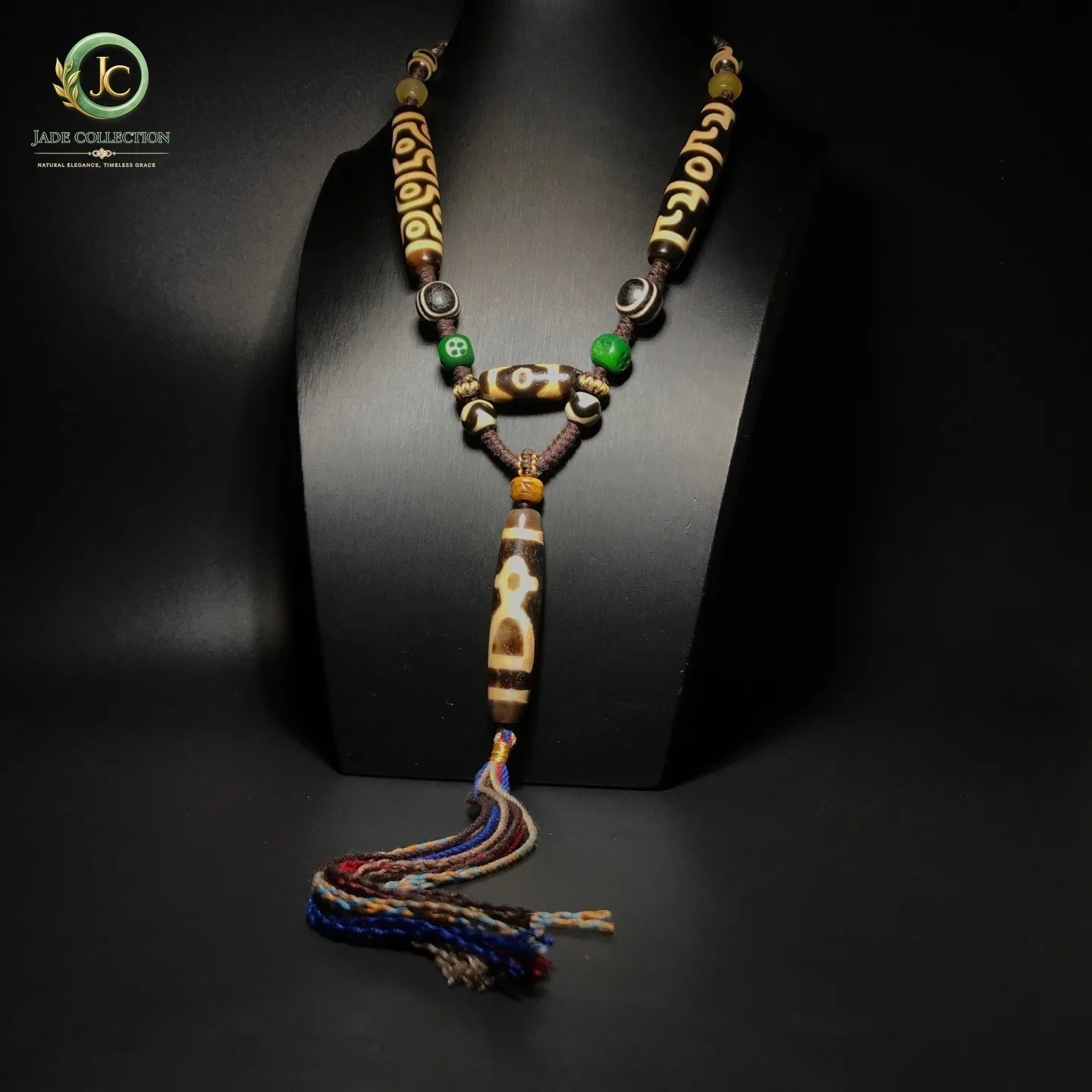 Unique Tibetan Old Agate Dzi Multiple patterns God of Wealth Bead Necklace J0428