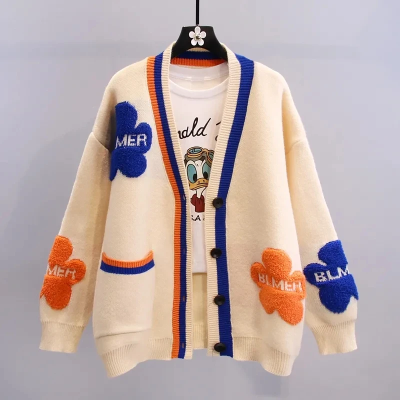 Blue Acrylic Knit V-Neck Letter Flower Casual Women\'s Cardigan Sweater Single Breasted Cardigan For Women Clothing Thick Winter