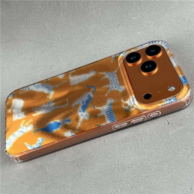 Custodia per telefono con gatto argento blu con fondo arancione perforato con ondulazione dell'acqua per iPhone 11 12 13 1 4 15 16 17 Pro Max
