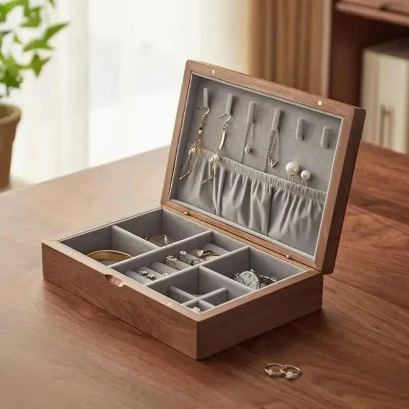Exquisite Lockable Wooden Jewelry Box Vintage High End Ring Earring Solid Wood Organizer Necklace Storage Case Gift for Women