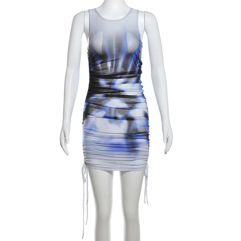 Tie Dye Print Sheer Mesh Drawstring Mini Dress Women Summer O-neck Sleeveless Ruched Bodycon Slim Party Clubwear Y2K Streetwear