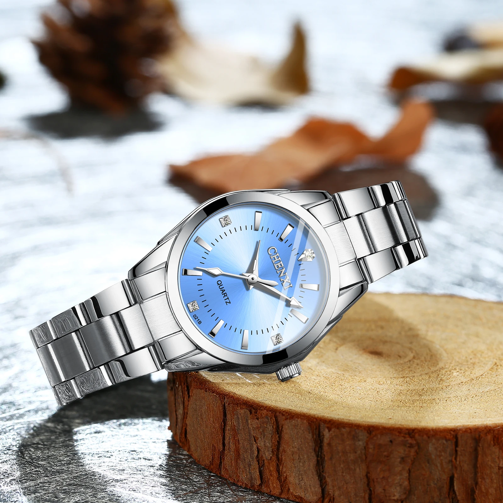 CHENXI 021B หรูหราแฟชั่นเหล็กควอตซ์นาฬิกาสําหรับสุภาพสตรีสร้อยข้อมือกันน้ําเพชรนาฬิกาสําหรับแฟน