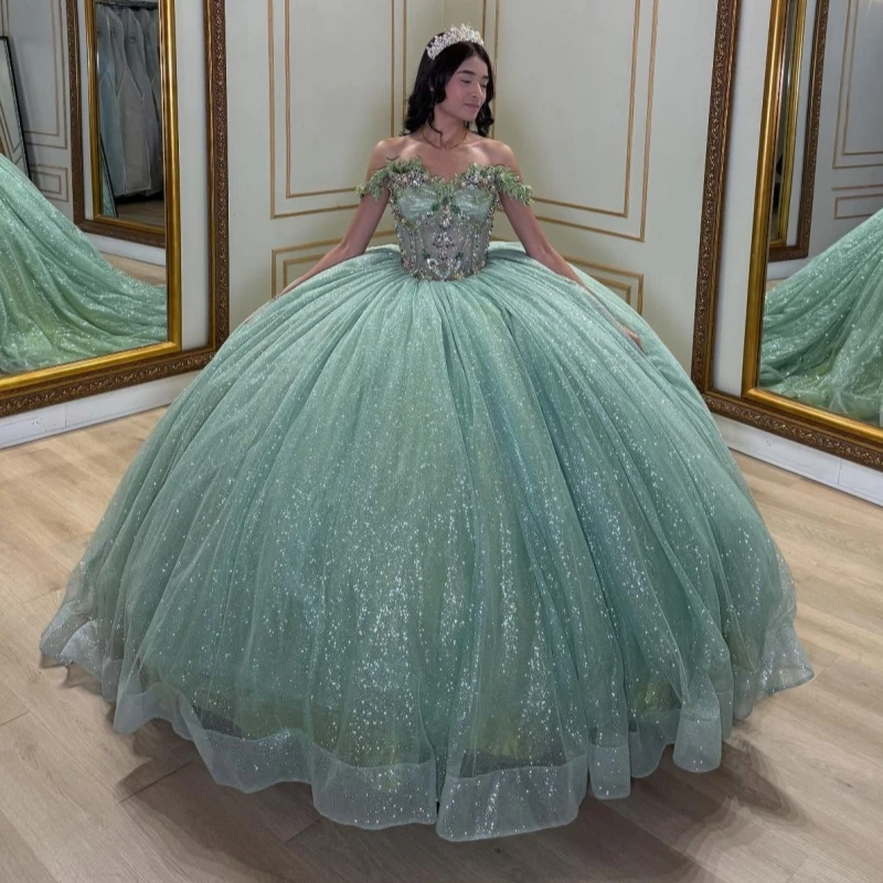 

Блестящие платья Quinceanera цвета шалфея с открытыми плечами, кружевное тюлевое платье с бисером и кристаллами для вечеринки, дня рождения, сладкое платье 16, Vestidos 15 De