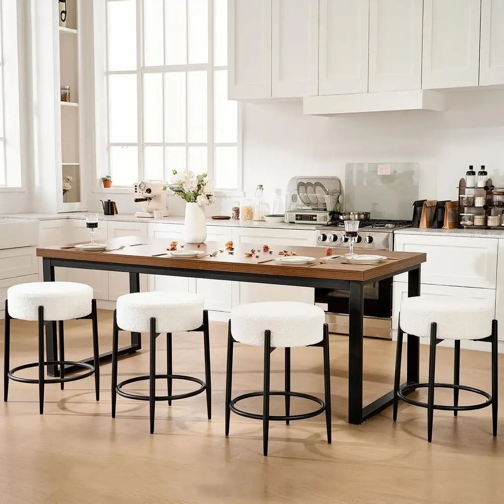 

Набор из 4 обеденных стульев, 23,6 белых круглых обеденных стула без спинки с обивкой из ткани букле и шерпа, с прочными металлическими ножками для кухни, гостиной