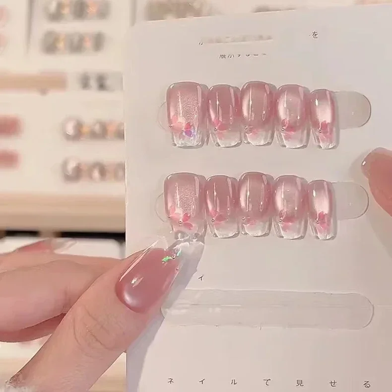 

10Pcs Cat Eye Handmade Coffin Press on Nails Sweet Cute Flower Fake Nails Full Cover Dreamy Shiny Ballet False Nails Pink Nail