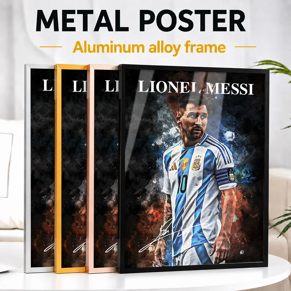 Lionel Messi Portrait Framed Metal Print Personalized Photographic Wall Art For Home Office And Living Room, Soccer Fan Gift