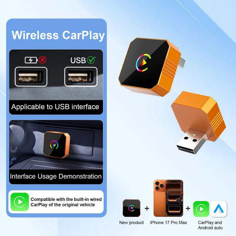 

3 в 1, беспроводной Carplay Android Auto Mirrorlink Dongle, USB-оранжевый адаптер Airplay, AI Smart Box для автомобиля