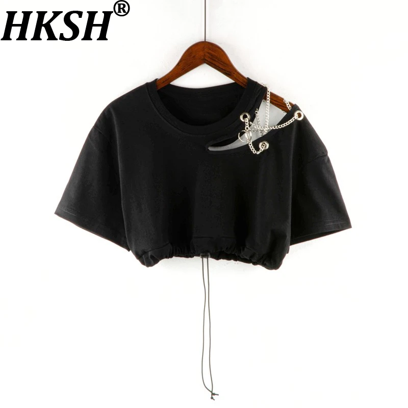 

Летняя новинка 2026: ультракороткая женская футболка с короткими рукавами, круглым вырезом, завязками на низу, ажурная, с цепочкой, трендовая, для танцев, модель HK18193