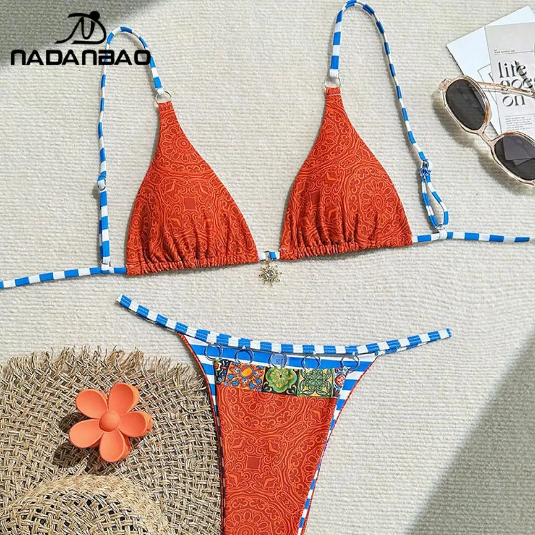 Nadanbao Sexy Print Schnür-Bikini, 2-teiliges Set, Bikini, modisch, V-Ausschnitt, Dreieck, Tanga, Bademode, Strand, lässiger Badeanzug, Sommer