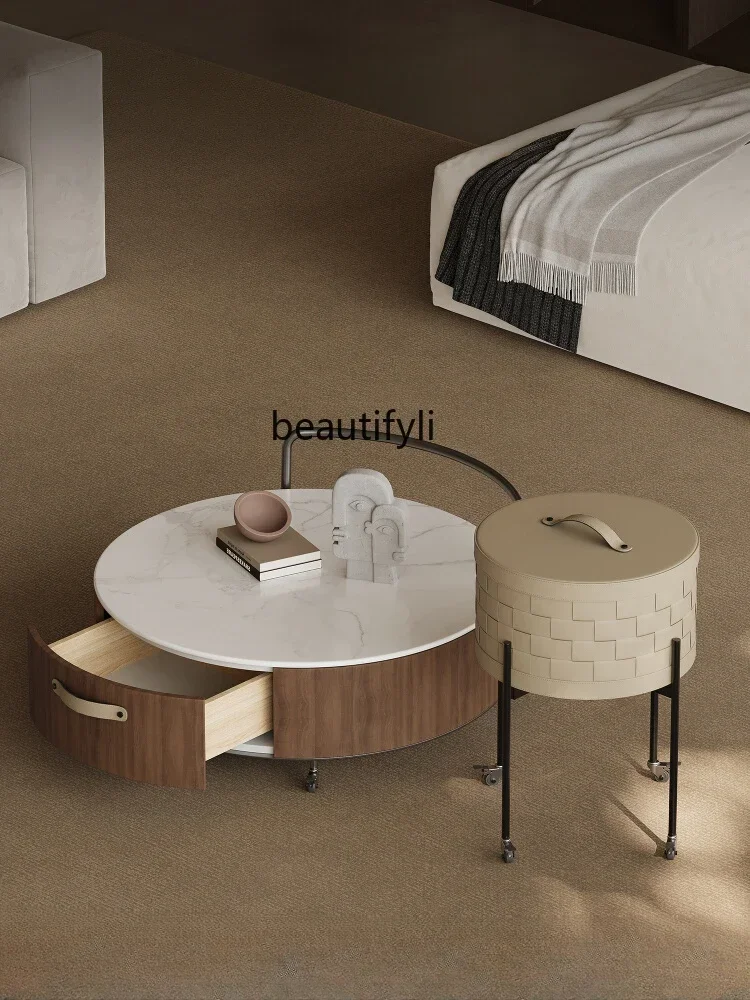 

07Italian Minimalist Portable Coffee Table Microlite Cart Saddle Leather Side Table Pulley Simple