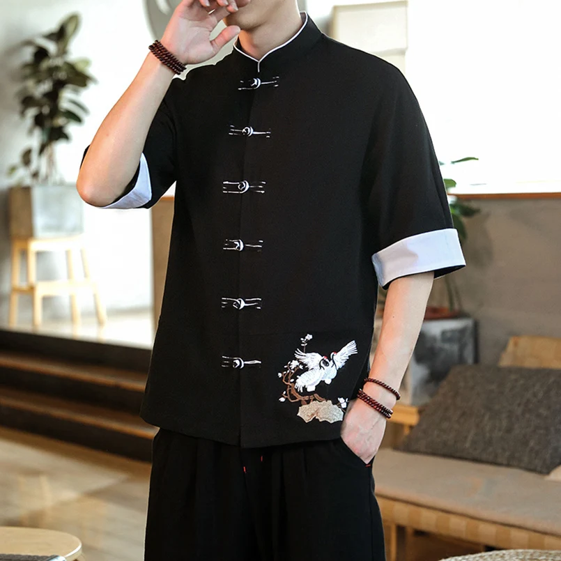 

Traditional Cotton And Linen Men'S Tang Suit Jacket Summer Chinese Style Retro Crane Embroidery Shirt