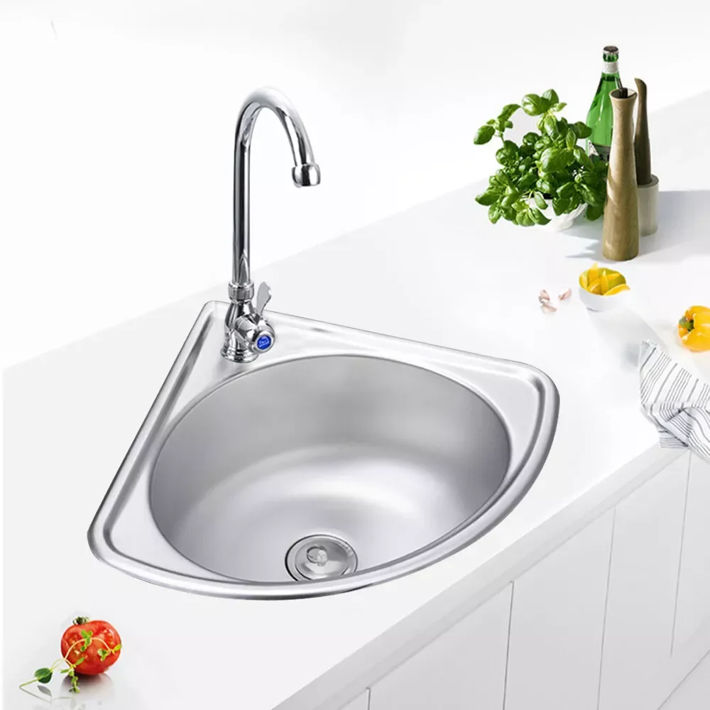 Single Triangle Wash Basin Corner Sink Mini Bar Sink Stainless Steel with Faucet Basin Drain Pipe Inlet Pipe