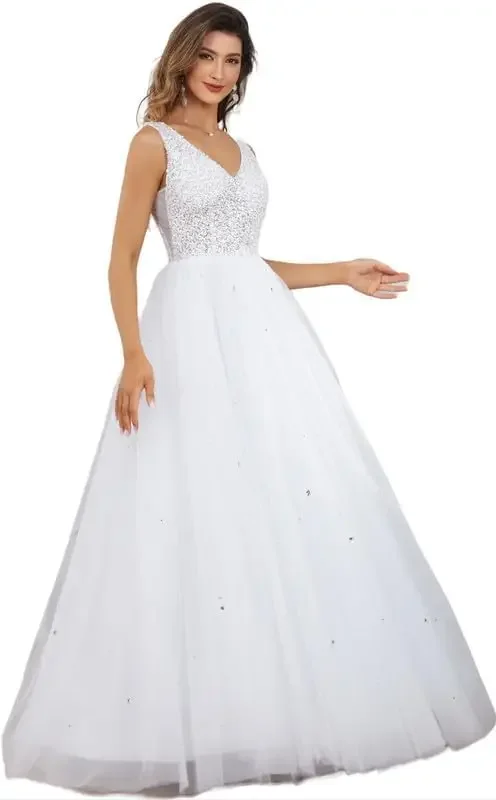 تول الخامس الرقبة الترتر ومطرز فساتين الزفاف فستان زفاف بسيط فستان أبيض المرأة الدانتيل فساتين الزفاف للعروس