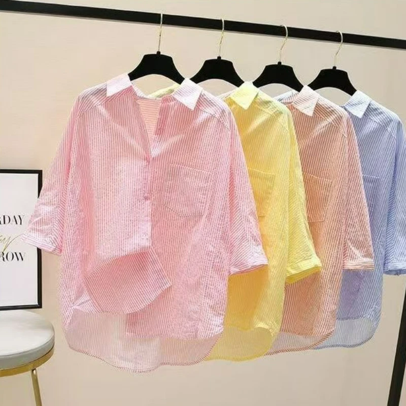 

Spring Summer Striped Long-sleeved Shirt for Women Fashionable Loose Casual Simple Shirts Comfortable Mid-length Cardigan