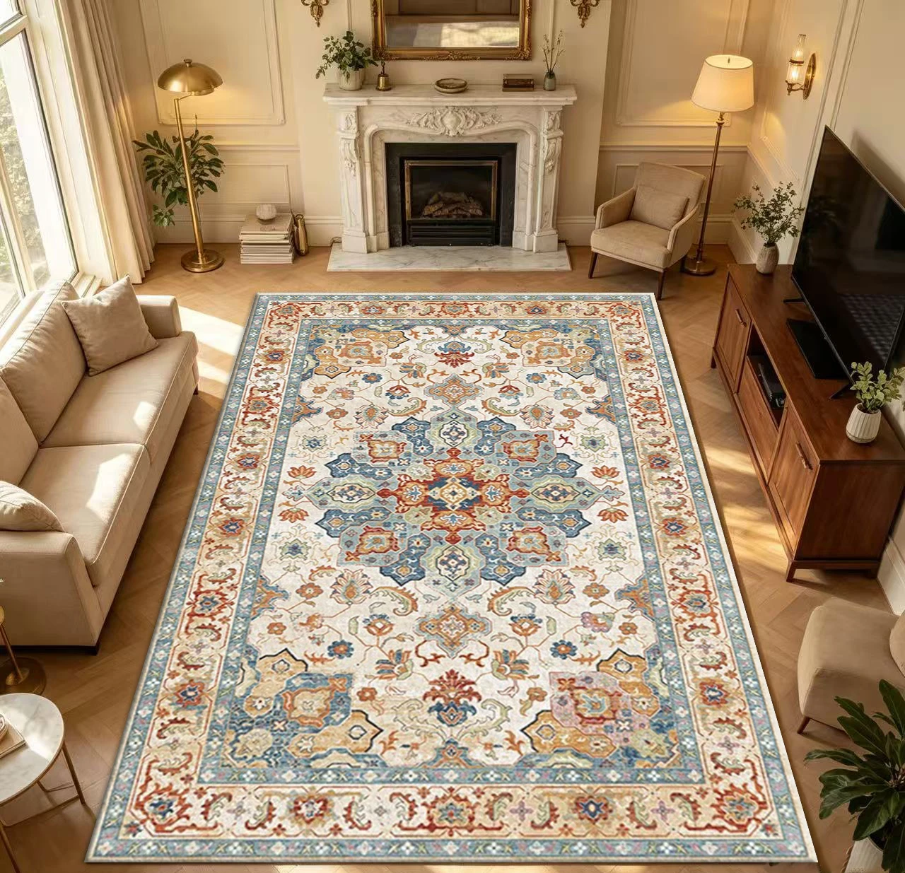 Retro Oriental Persian Style Medal Pattern Carpet, Vintage Floral Carpet, Non-Slip, Washable, Living Room and Bedroom Floor Mat