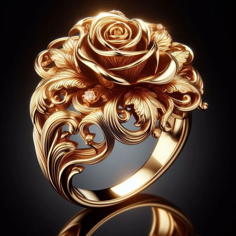 Retro-Style Three-Dimensional Rose Engraving Ring Made of Copper. Women's Jewelry Ring for Vacation and Casual Wear.
