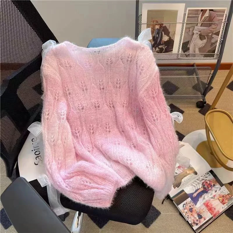 Suéter de Punto de Manga Larga para Mujer, Estilo Otoñal Dulce, Diseño de Nudo de Mariposa, Suave y Hoado, Estilo Japonés I...