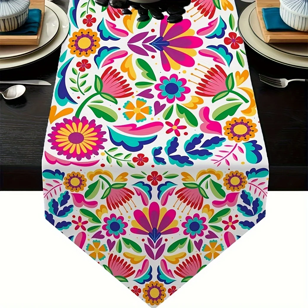 Mexican Festive Linen Table Runners Flower Bird Day of The Dead Holiday Party Decor Dia De Los Muertos Home Dining Table Decor