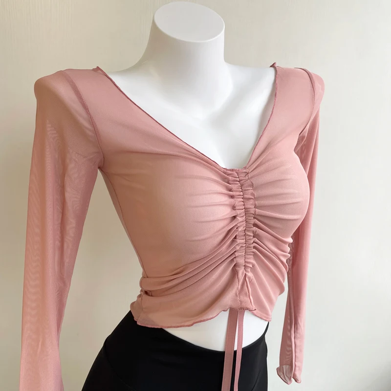 Dance Practice Suit Women Summer V-Neck Mesh Drawstring Cover up Ballet Short Style Slim Fit Sun Protection Top