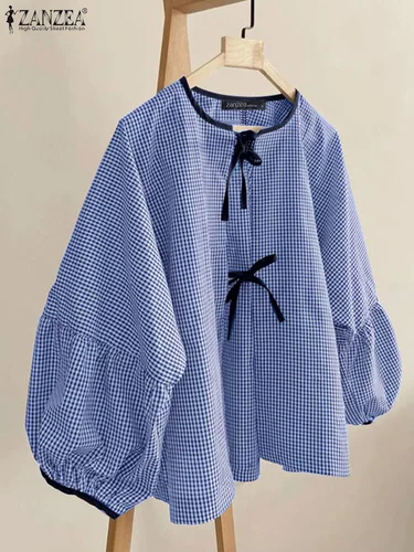 Imagen 2 del producto ZANZEA-Blusa con estampado de cuadros para mujer, camisas con cordones a la moda, Tops de manga larga con cuello redondo, túnicas informales con pajarita para otoño 2024