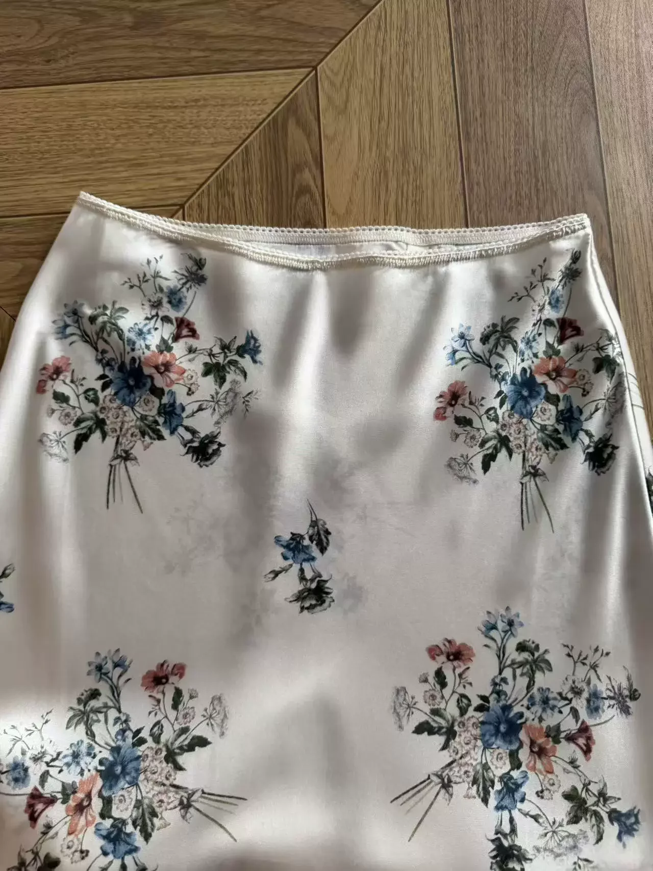 Flower Print Women Knee-length Skirt 100% Silk Lace Embroidery Patchwork High Waist Casual Slim Jupe