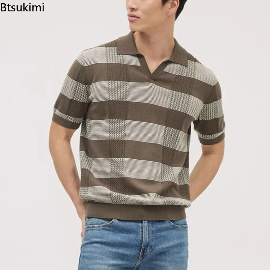 

2025 Mens Striped Knit Polo Shirt Summer Daily Casual Breathable Hollow Out Knitted Top Men Vintage Polo Neck Knitting Shirts