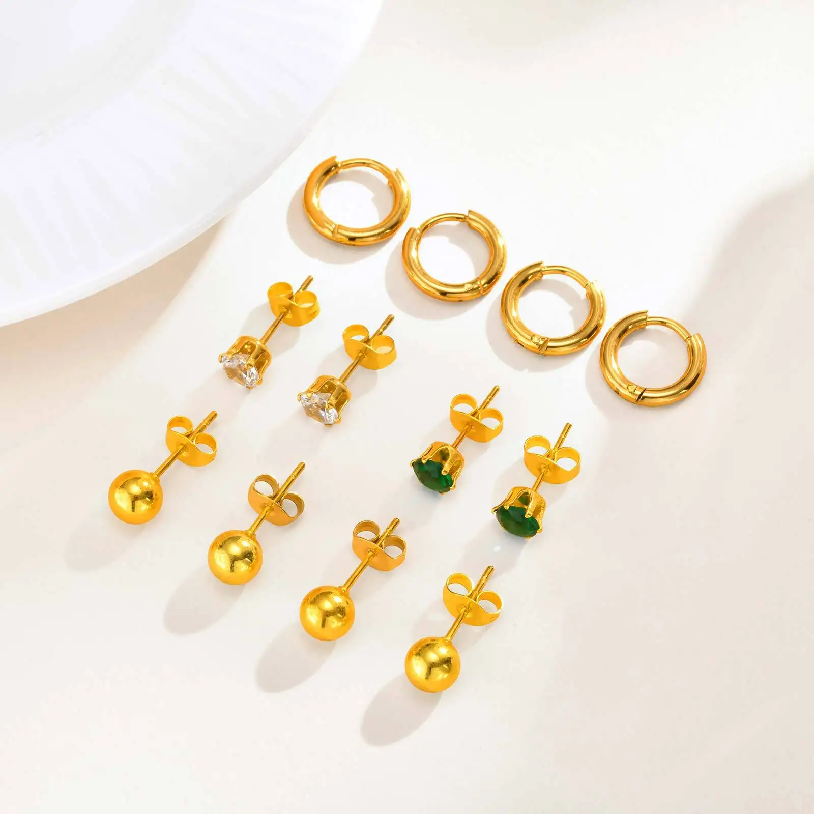 Vnox 6pcs Stainless Steel Earrings Set For Women, Gold Plated CZ Stones Ear Huggies, Anti-allergy Jewelry Set - Detail 1