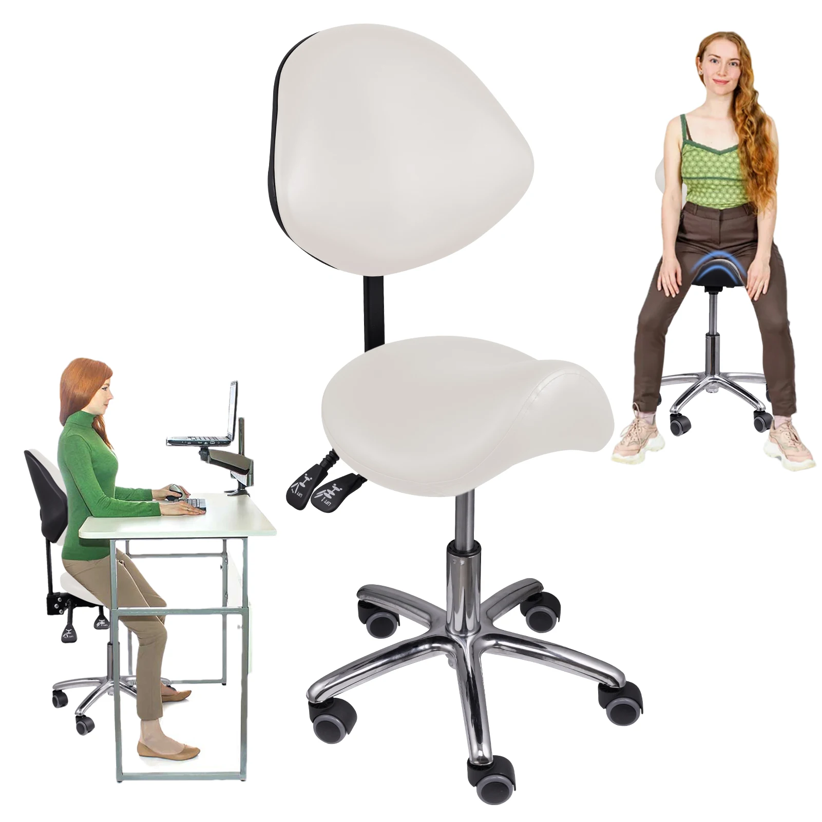 Silla rodante ajustable, asiento ergonómico de altura ajustable, taburete para cocina, salón, área de trabajo, clínica, sala de estar