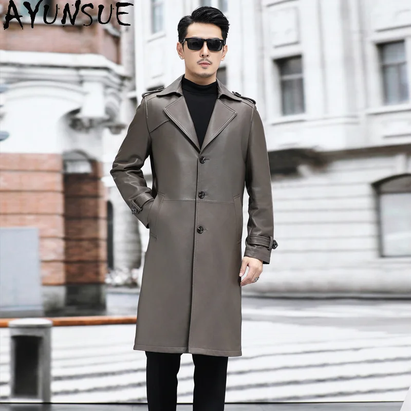 

AYUNSUE 100% Sheepskin Genuine Leather Jacket Men Clothes Autumn Coats 2025 Mid-length trench Coat for Man Jaqueta De Couro