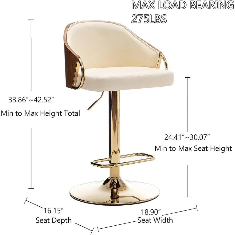 Modern Swivel Bar Stools Set of 2,Adjustable Counter Height Bar Chairs with Wood Back, Beige Leather Upholstered Golden Stainles