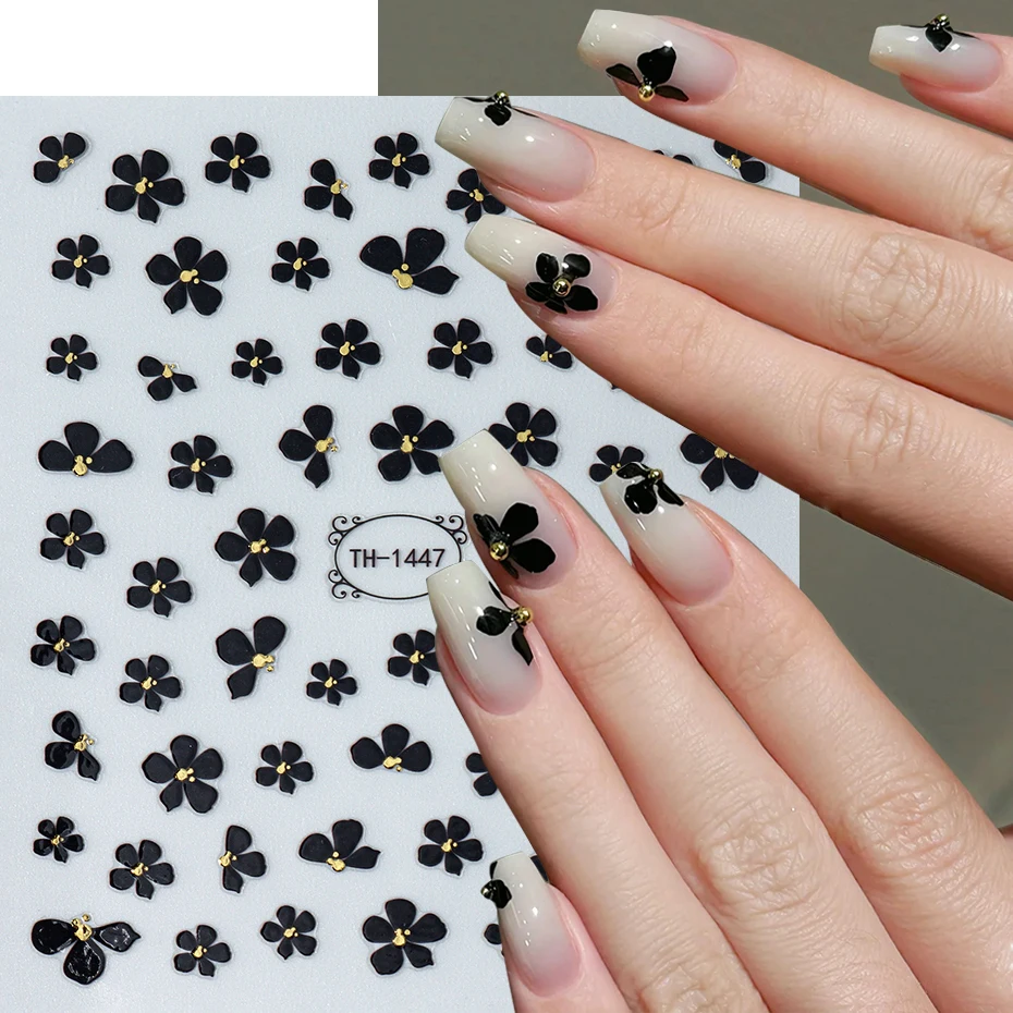 2 pezzi di fiori bianchi neri adesivi per nail art 3D decalcomanie ciondoli fiori semplici decorazioni per unghie con perline dorate carine accessori per manicure