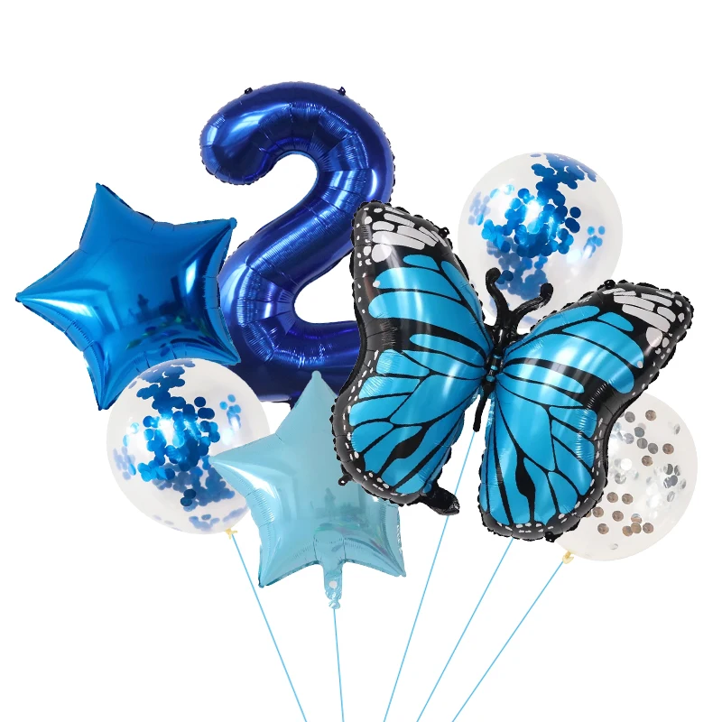 7Pcs Blue Butterfly Digital Balloons Set 30Inch Number Bow Air Globos Boys Girl\'s Birthday Party Home Decorations Kids Toys Gift