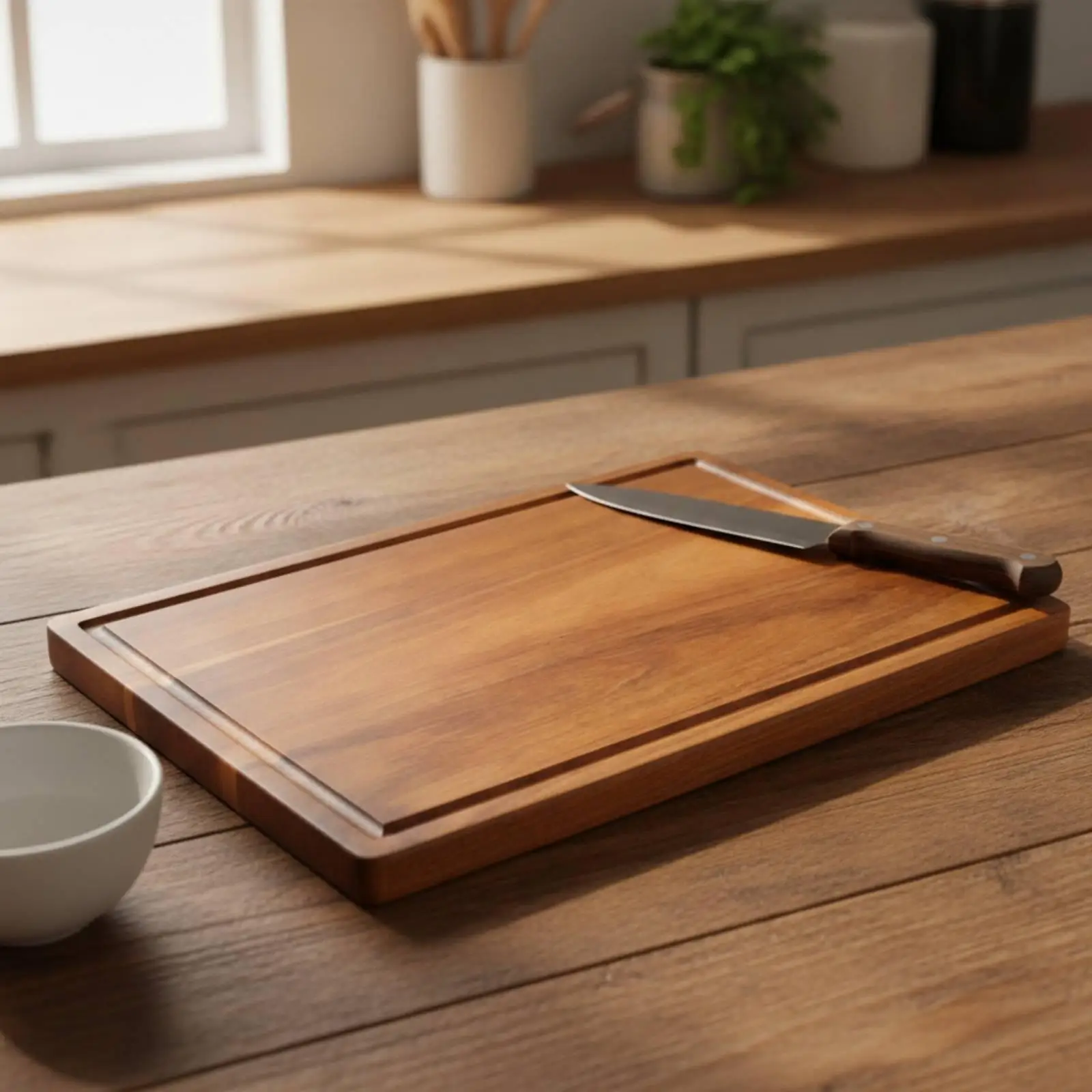 Solid Acacia Wood Kitchen Cutting Board with Juice Groove for Daily Meal Prep and Vegetable Slicing