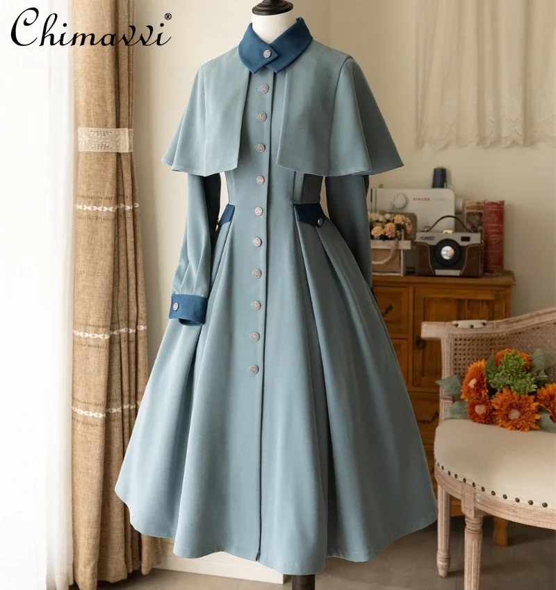 

Original Elegant Ladies Trench Dress Classical Autumn Winter Fashion Lolita Style Single-breasted CLA Dress Detchable Cape Coat