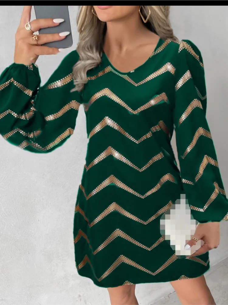 

2024 Women's Autumn Winter Long Sleeved Fashionable Printed U-neck Bubble Sleeve Dress Casual Office Women's Clothing