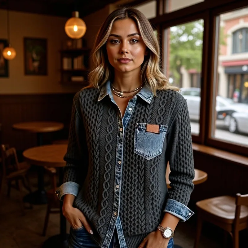 

Повседневный стиль, новинка 2025, женская вязаная джинсовая рубашка с длинным рукавом, осенне-зимний модный универсальный кардиган, пальто