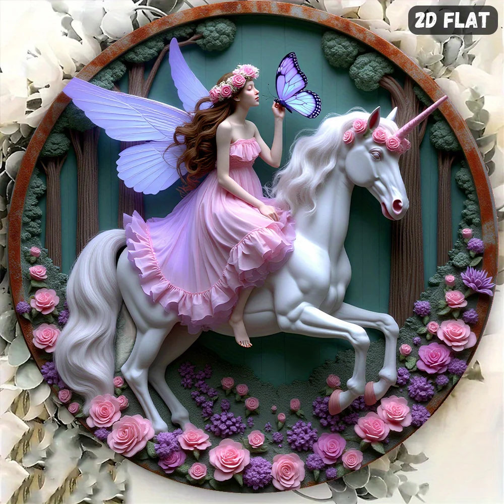 2D Flat - 1pc Enchanting Fairy & Unicorn 8-Inch Round Wall Art - 2D Flat Metal Iron Sign with Pink Roses & Butterflies, Perfect