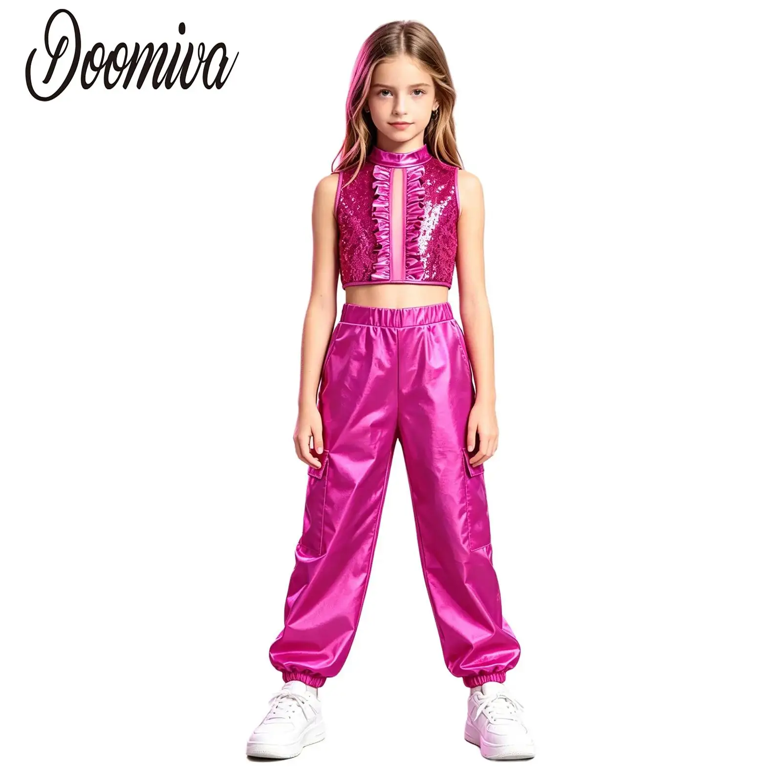 

Kids Girls Shiny Jazz Street Modern Hip Hop Dance Performance Outfit Dancewear Sleeveless Zipper Sequin Crop Top with Pants Sets