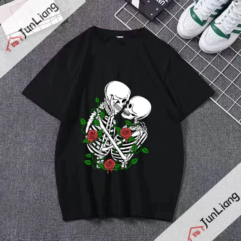 Easter Funny T Shirts Lovers Kiss Sweet Skull Streetwear Punk T-shirts for Women Short Sleeved T-shirt Kpop Sportswear Man Tops