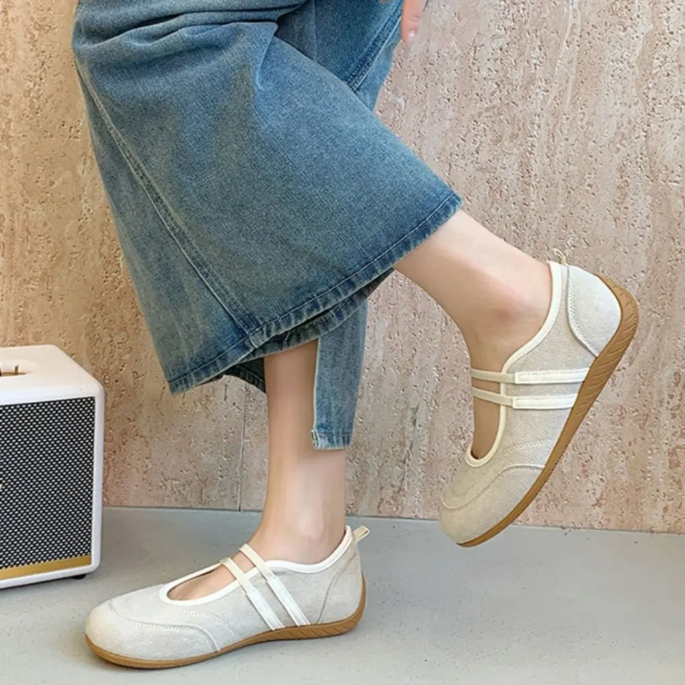 Color Blocking Mary Jane Shoes Synthetic Leather Streetwear Round Toe Flat Shoes British French Style Anti-slip Single Shoes