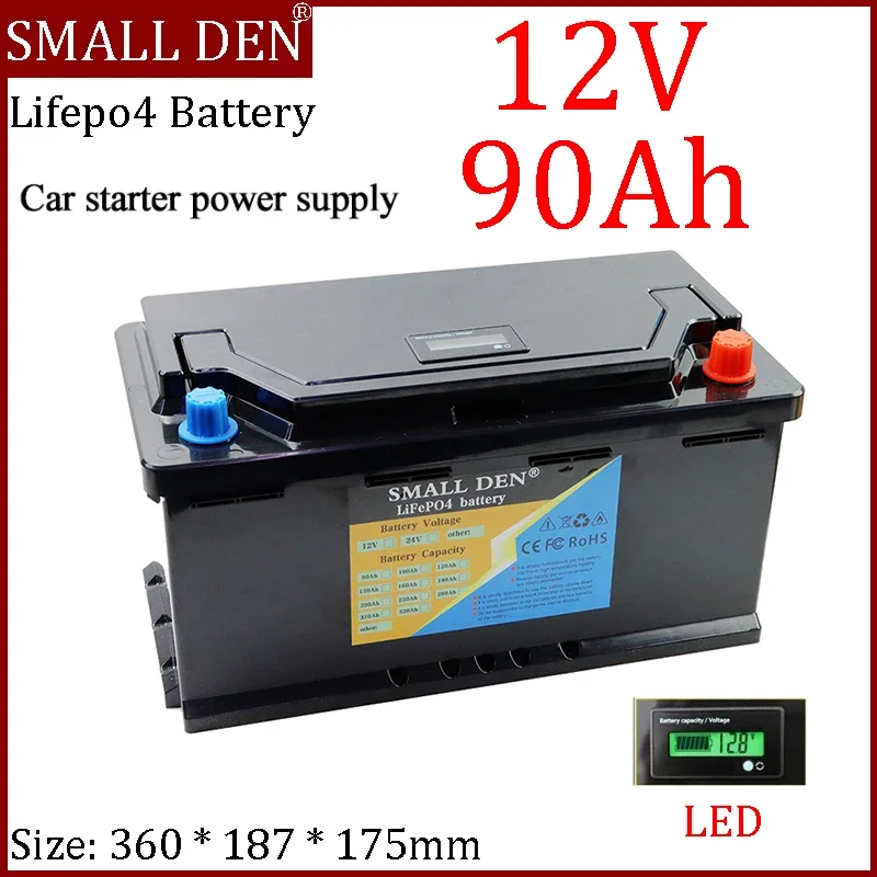 

NEW 12V 90Ah LiFePO4 Battery Automatic car starter power supply Portable rechargeable High power 12.8v Car lighter Solar RV