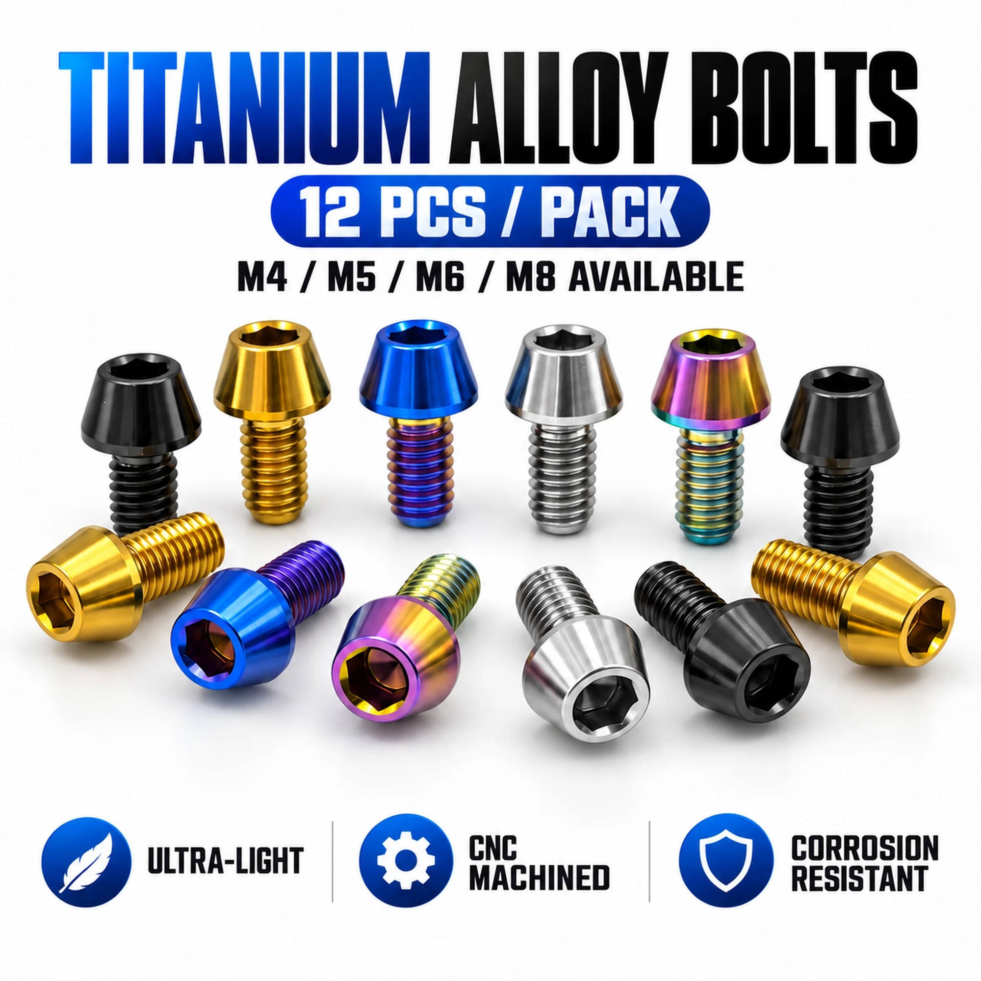 AYCENLAITE 12pcs TC4 Titanium Screws M4 M5 M6 M8 Tapered Head Bolts Performance Tuning for MTB Road Bike Motorcycle