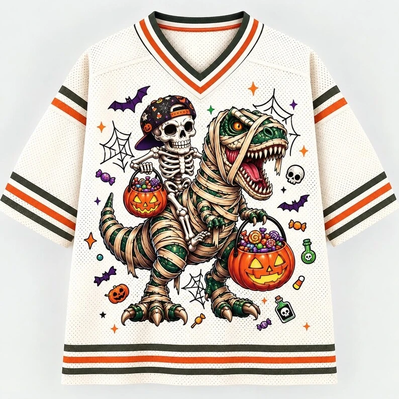 Halloween V-neck Jersey, Skull Riding Mummy Dinosaur Print Short Sleeved Shirt, Trick or Treat Pumpkin Pattern Top