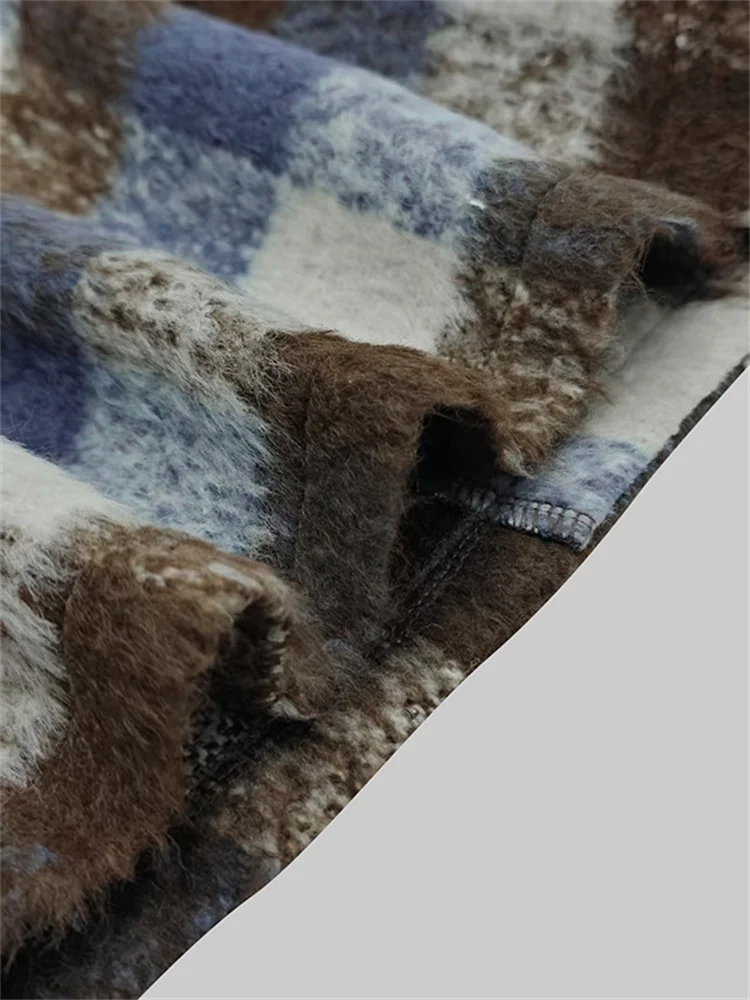 Women's Vintage Plaid Double Breasted Jackets Spring Autumn Long Puff Sleeves O-Neck Elegant Casual Outerwear Coats