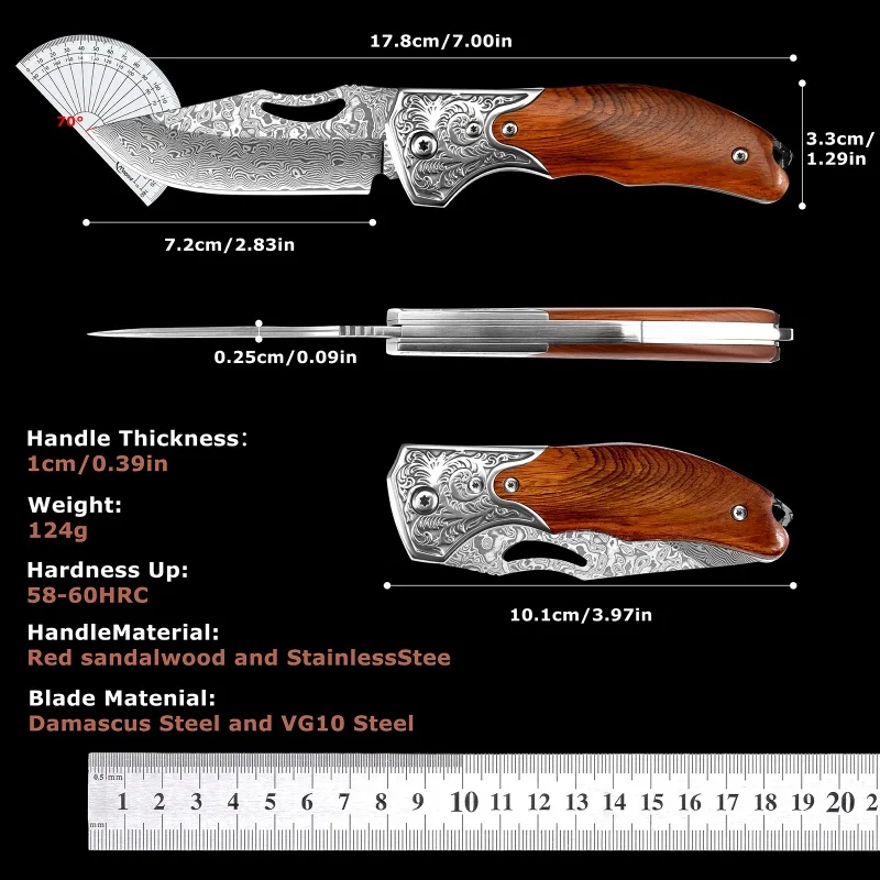 Multi-Functional Folding Pocket Knife with Damascus Pattern Sharp Blade Ergonomic Handle Portable Camping Daily Cutting Tool