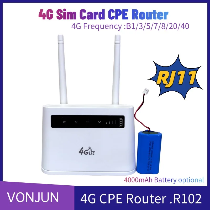 4G CPE ROUTER Ethernet+RJ11 Voice+4400mAh Battery SIM Card WiFi Hotspot  Wireless Router R102